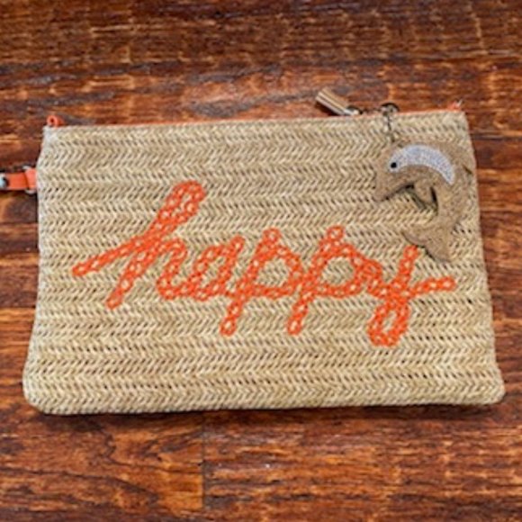 NEW Woven RAFFIA & ORANGE Pleather CLUTCH PURSE *Crystal DOLPHIN KEY FOB* Pocket - Picture 1 of 11